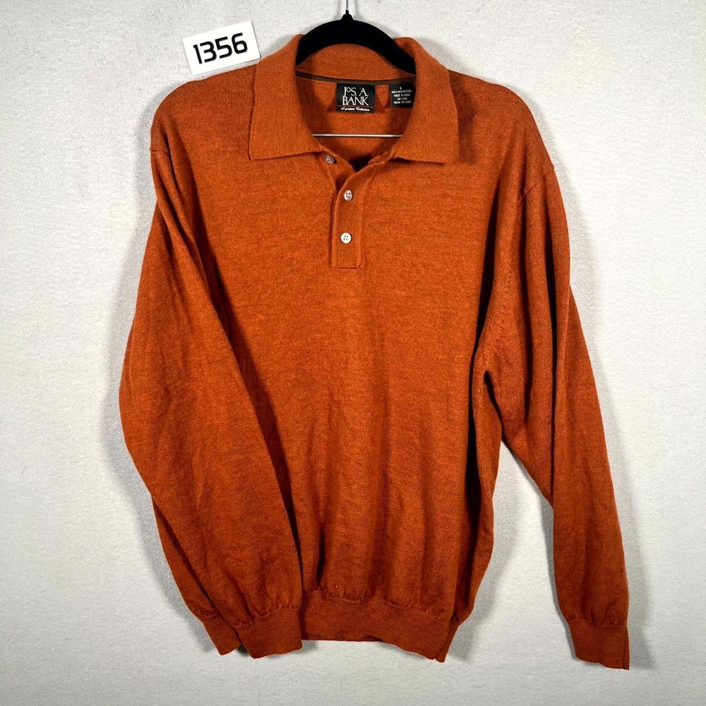 Jos. A. Bank Polo Sweater Mens Large Orange Wool Ribbed Hem‎ Tight Knit Winter